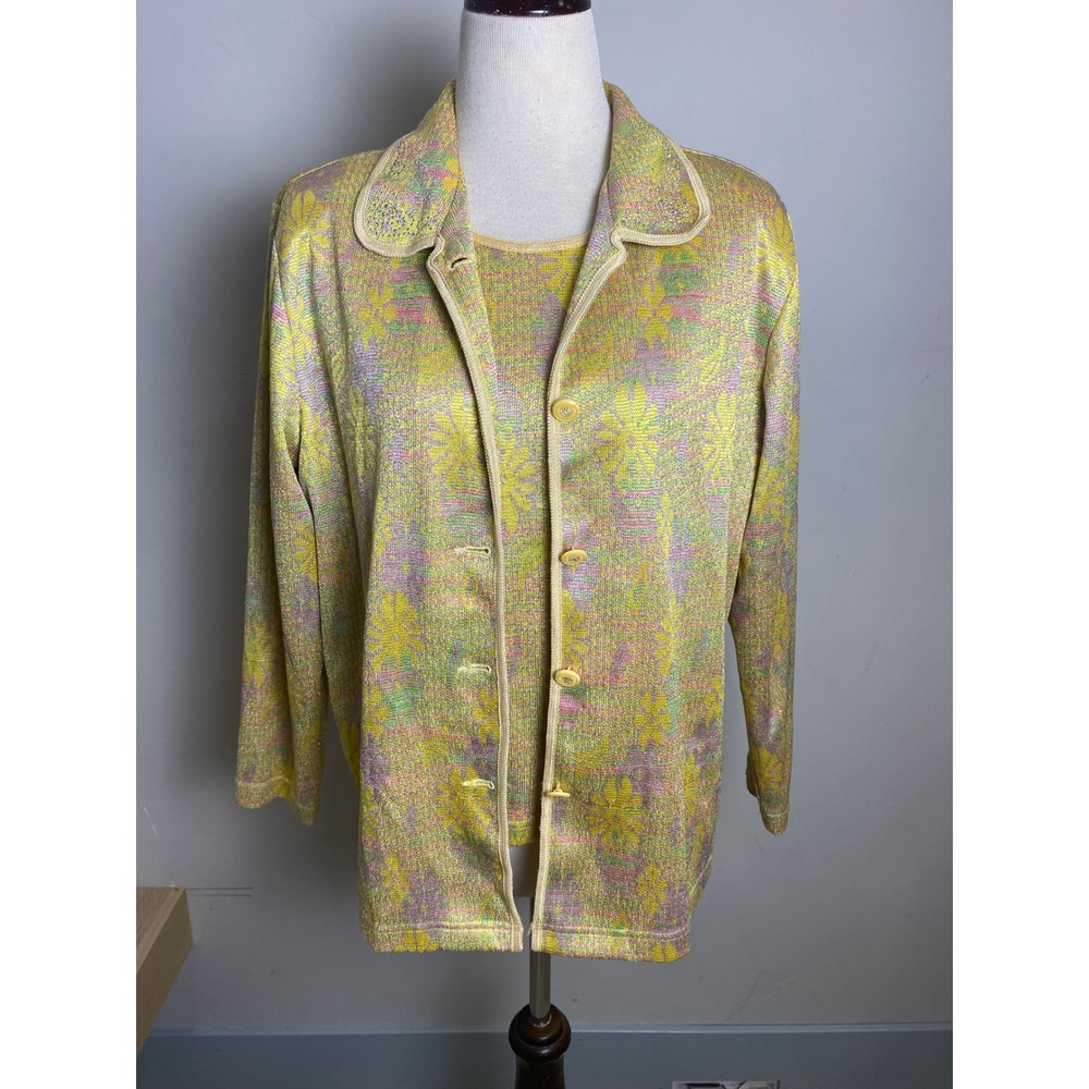 Vintage 60s 2 Piece Set Metallic Floral Knit Cardigan and Top Yellow Pink Green